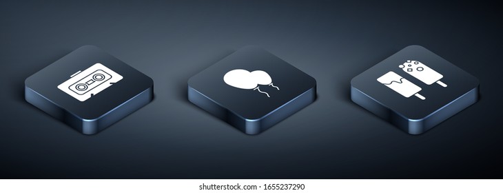 Set Isometric Retro audio cassette tape , Ice cream  and Balloons with ribbon  icon. Vector