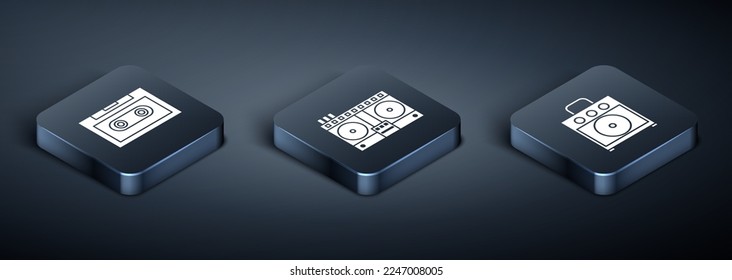 Set Isometric Retro audio cassette tape, Guitar amplifier and DJ remote for playing and mixing music icon. Vector