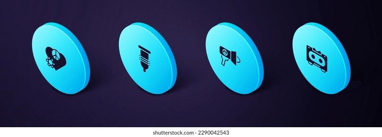 Set Isometric Retro audio cassette tape, Megaphone, Condom and Love peace icon. Vector