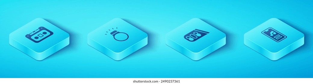 Ajuste la cinta de audio retro isométrica, anillo de diamante, reproductor de música e icono de música de la máquina del tambor. Vector