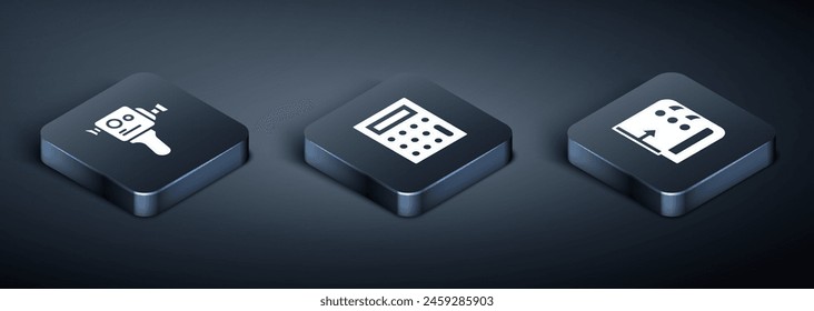 Set Isometric Retro cinema camera, Sound mixer controller and Calculator icon. Vector