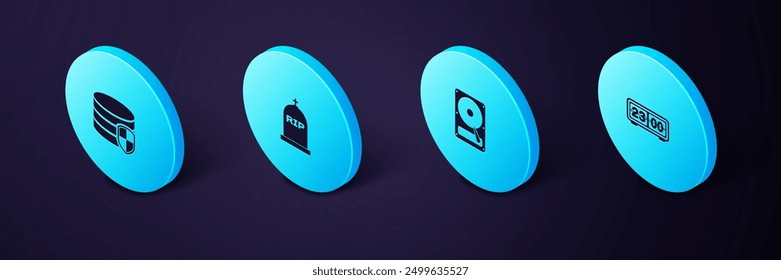 Set Isometric Retro flip clock, Hard disk drive HDD, Tombstone with RIP written and Database protection icon. Vector