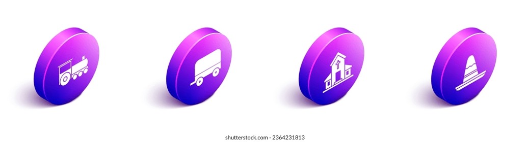 Set Isometric Retro train, Wild west covered wagon, Church building and Mexican sombrero hat icon. Vector