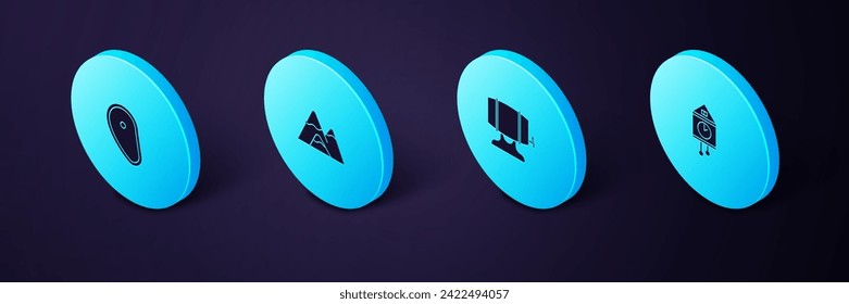 Set Isometric Retro wall watch, Wooden barrel on rack, Mountains and Steak meat icon. Vector
