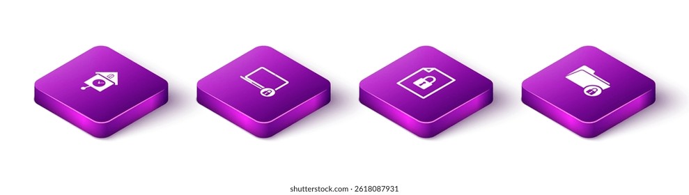 Set Isometric Retro wall watch, Laptop and lock, Document and Folder icon. Vector