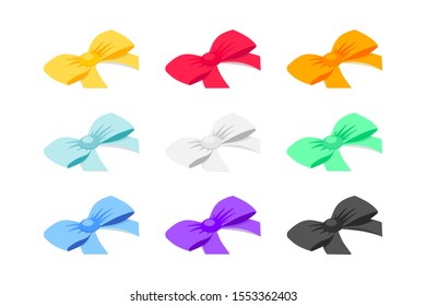 Set of isometric ribbon bow knot isolated on white background. Graphical Christmas and birthday decorative wrap elements collection. Vector illustration