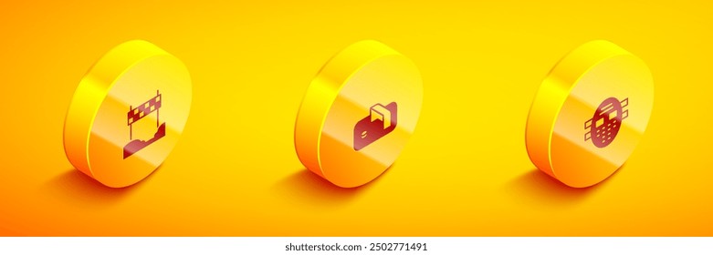 Set Isometric Ribbon in finishing line, Ice hockey goal and Hockey mask icon. Vector