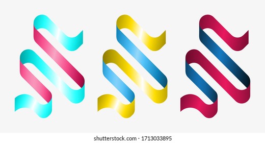 Set of isometric ribbons in different colors. Decorative design element.