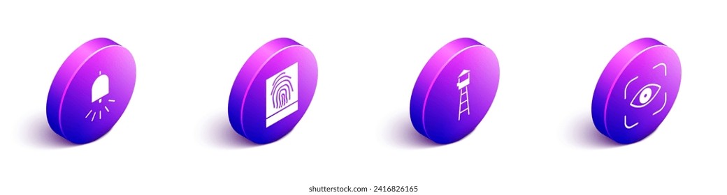Ajuste el timbre de alarma de sonido isométrico, huella digital, torre de observación e icono de exploración ocular. Vector