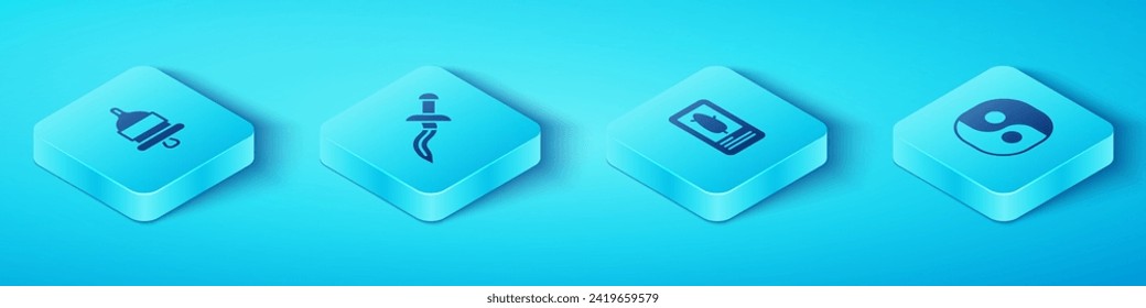 Setzen Sie das Symbol für die Isometric-Ringing-Alarmglocken, Dagger, Yin Yang und Tarot-Karten. Vektorgrafik