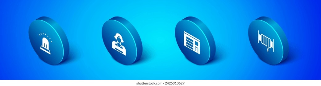 Set Isometric Timbre de alarma, edificio de la estación de bomberos, carrete de la manguera de fuego e icono del bombero. Vector