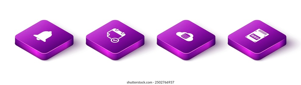 Establecer timbre isométrico, calendario con marca de verificación, base de datos en la nube e icono de tarjeta SSD. Vector