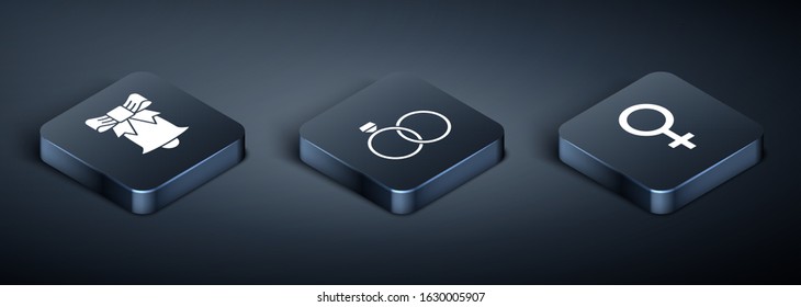 Set Isometric Ringing bell, Female gender symbol and Wedding rings icon. Vector