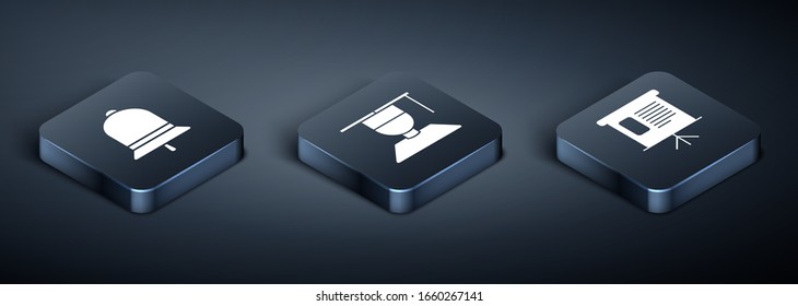 Set Isometric Ringing bell, Presentation financial board with graph, schedule, chart, diagram, infographic, pie graph and Graduate and graduation cap icon. Vector