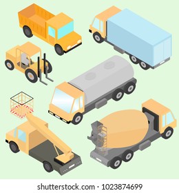 Set of isometric road construction machinery. Trucks, road roller, wheel loader, tank, lift machine. Front and back view. Isolated images in vector