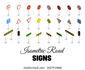 Set Of Isometric Road Signs Isolated On White Background. Vector Illustration.