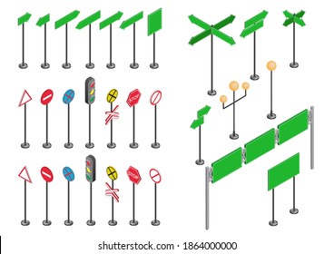 Set of isometric road signs isolated on white background for city map creation. Vector illustration.