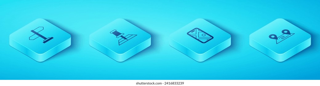 Establezca el símbolo de tráfico isométrico, el mapa doblado con el marcador de ubicación, el icono de navegación de Ruta y Ciudad. Vector