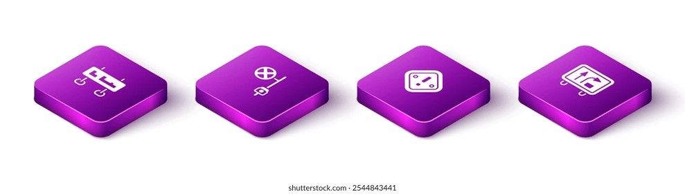 Definir sinal de trânsito Isometric Road, Parar com a câmera, Ponto de exclamação em triângulo e ícone. Vetor