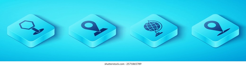 Set Isometric Road traffic sign, Location, Location and Earth globe icon. Vector