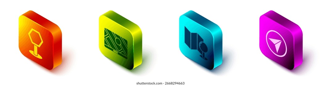 Conjunto de señal de tráfico isométrica, navegación del mapa de la ciudad, mapa plegado con pin de empuje e infografía del icono de navegación del mapa de la ciudad. Vector
