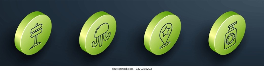 Set Isometric Road traffic signpost, Jellyfish, Map pointer with star and Sunscreen spray bottle icon. Vector