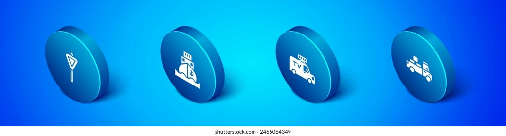 Conjunto de señalización de tráfico isométrico de carretera, coche de Noticias de TV, camión de entrega y el icono de buque de carga. Vector