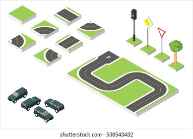 Set Isometric road and Vector Cars, Common road traffic regulatory. Vector illustration eps 10 isolated on white background.