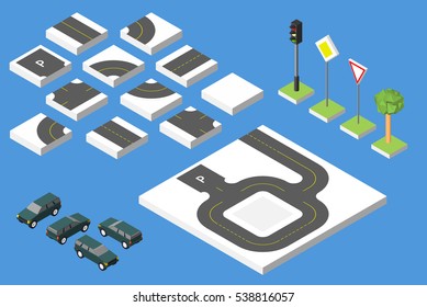 Set Isometric road and Vector Cars, Common road traffic regulatory. Vector illustration eps 10.