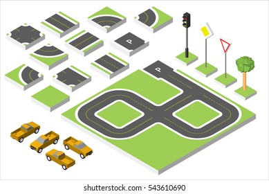 Set Isometric road and Vector Cars, Common road traffic regulatory. Vector illustration eps 10 isolated on white background