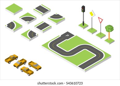 Set Isometric road and Vector Cars, Common road traffic regulatory. Vector illustration eps 10 isolated on white background