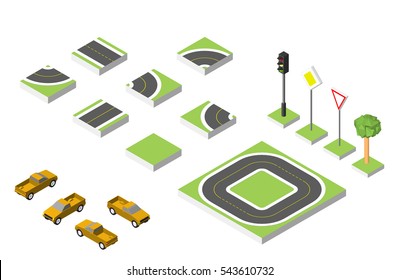 Set Isometric road and Vector Cars, Common road traffic regulatory. Vector illustration eps 10 isolated on white background