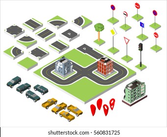 Set Isometric road and Vector Cars, Common road traffic regulatory. Vector illustration eps 10 isolated on white background