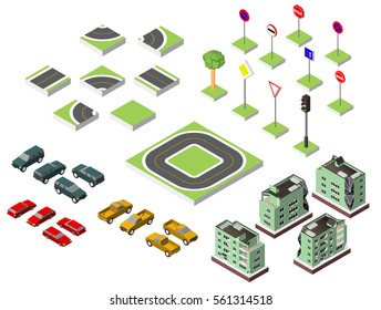 Set Isometric road and Vector Cars, Common road traffic regulatory. Vector illustration eps 10 isolated on white background