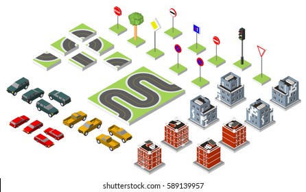 Set Isometric road and Vector Cars, Common road traffic regulatory. Vector illustration eps 10 isolated on white background