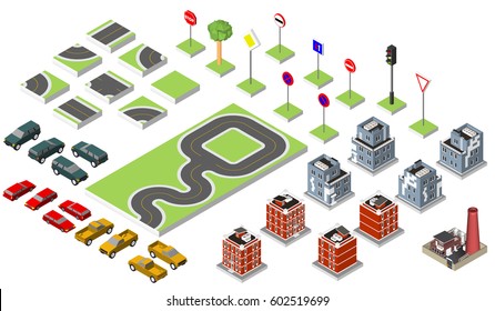 Set Isometric road and Vector Cars, Common road traffic regulatory. Vector illustration  isolated on white background