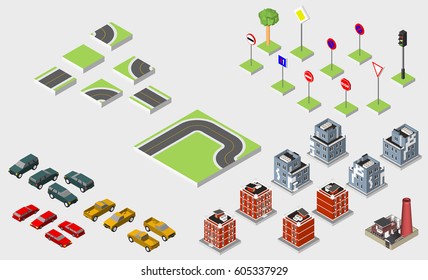 Set Isometric road and Vector Cars, Common road traffic regulatory, Building with a windows and air-conditioning. Vector illustration eps 10 isolated on white background.