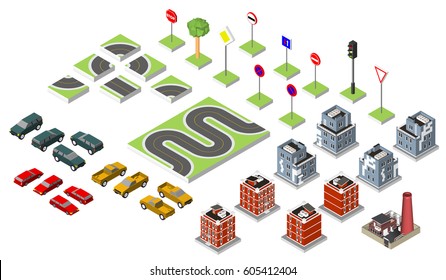 Set Isometric road and Vector Cars, Common road traffic regulatory, Building with a windows and air-conditioning. Vector illustration eps 10 isolated on white background.