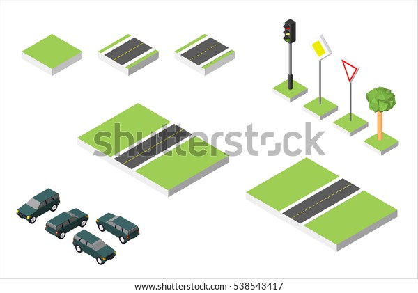 Set Isometric road and Vector Cars, Common\
road traffic regulatory. Vector illustration eps 10 isolated on\
white background.