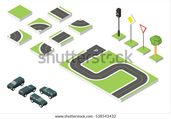 Set Isometric road and Vector Cars, Common\
road traffic regulatory. Vector illustration eps 10 isolated on\
white background.