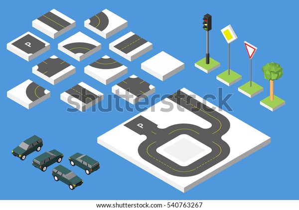 Set Isometric road\
and Vector Cars, Common road traffic regulatory. Vector\
illustration eps 10\
isolated.