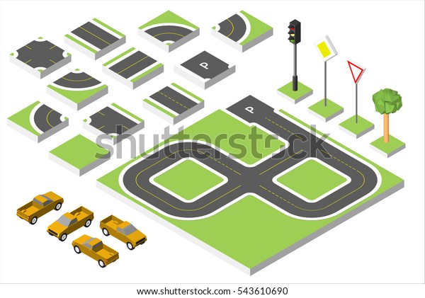 Set Isometric road and Vector Cars, Common\
road traffic regulatory. Vector illustration eps 10 isolated on\
white background
