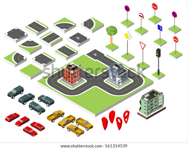 Set Isometric road and Vector Cars, Common\
road traffic regulatory. Vector illustration eps 10 isolated on\
white background