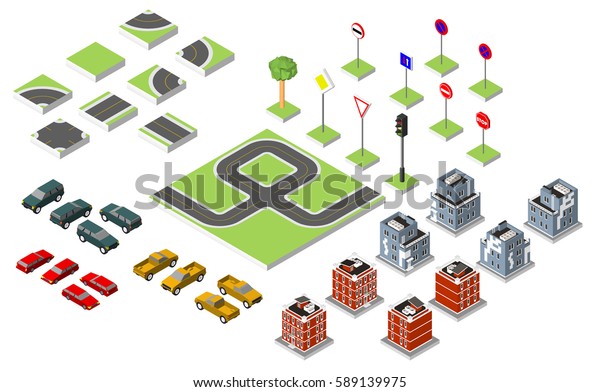 Set Isometric road and Vector Cars, Common
road traffic regulatory. Vector illustration eps 10 isolated on
white background