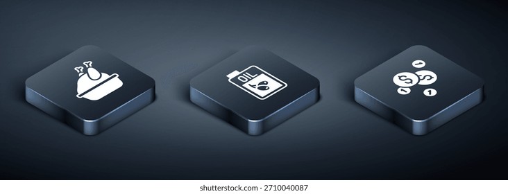 Definir Isometric Peru assado ou frango, Moeda dinheiro com dólar e garrafa de azeite ícone. Vetor