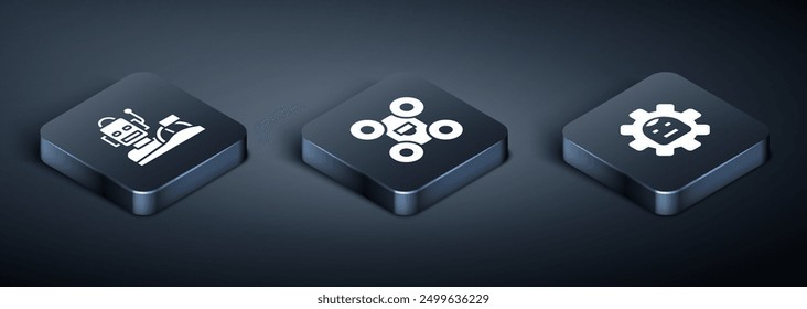 Set Isometric Robot humanoid driving a car,  and Drone icon. Vector