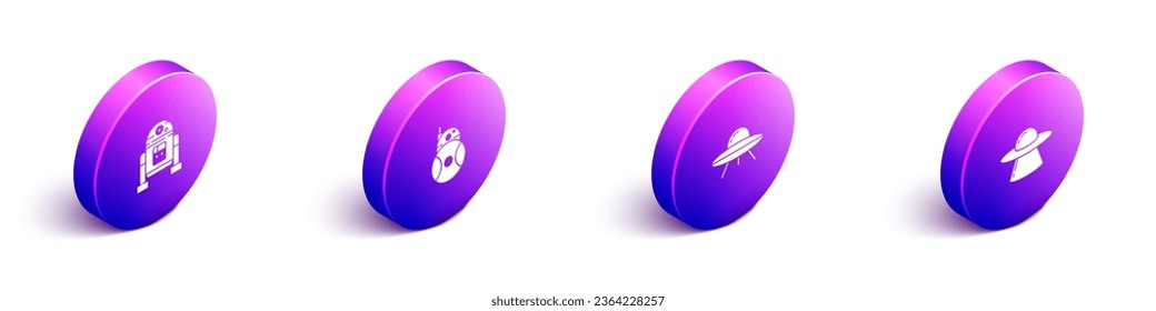 Set Isometric Robot, , UFO flying spaceship and  icon. Vector