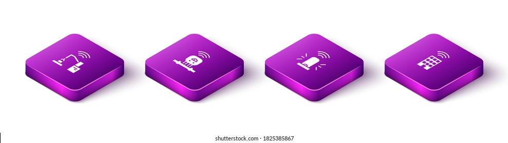 Set Isometric Robotic robot arm hand factory, Smart sensor, flasher siren and home with wireless icon. Vector.