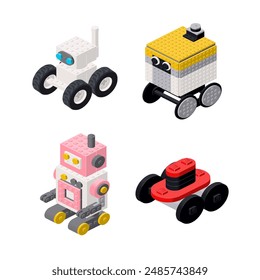 A set of isometric robots assembled from cubes. Vector illustration