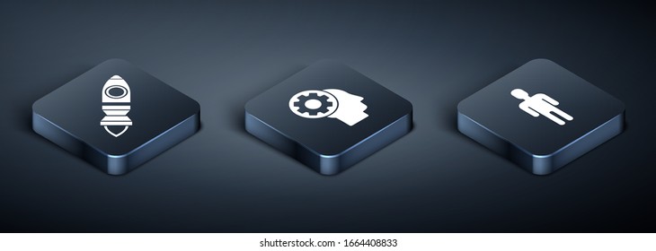 Set Isometric Rocket ship with fire, User of man in business suit and Human head with gear inside icon. Vector